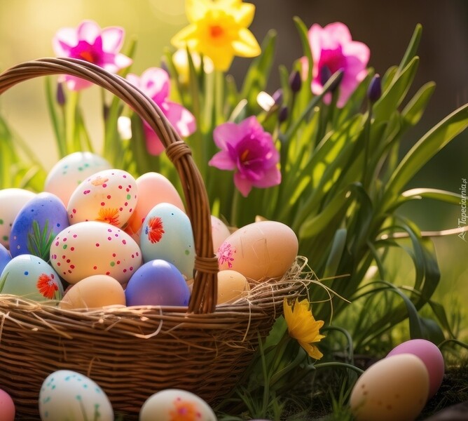 A captivating picture of a Easter basket overflowing with colorful eggs.
